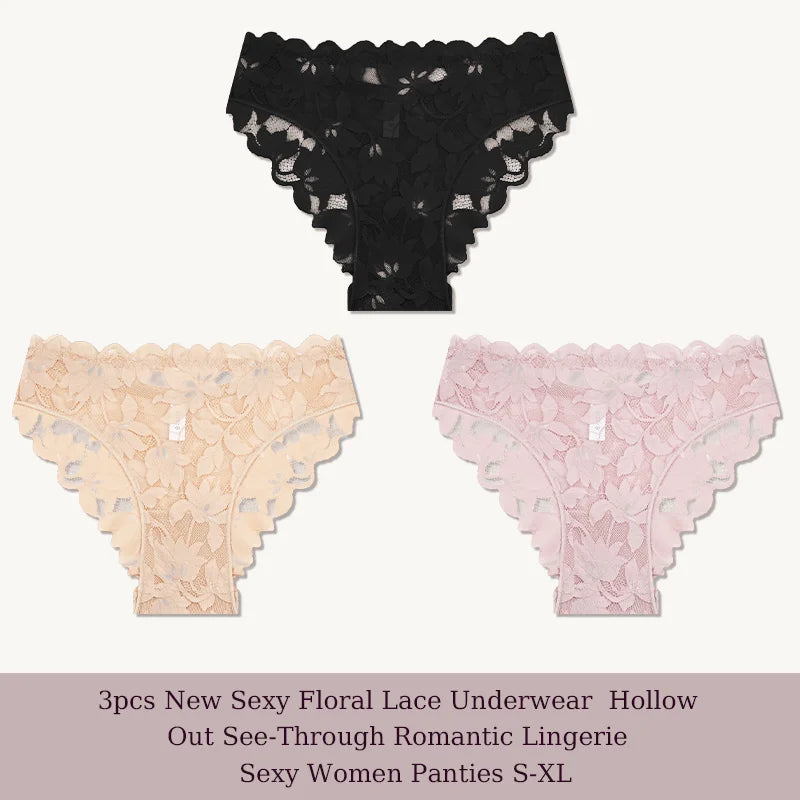 3Pcs/Set Sexy Floral Lace Underwear Panties Sets Hollow Out See-Through Romantic Lingerie Underwear Sexy Women Panties S-XL
