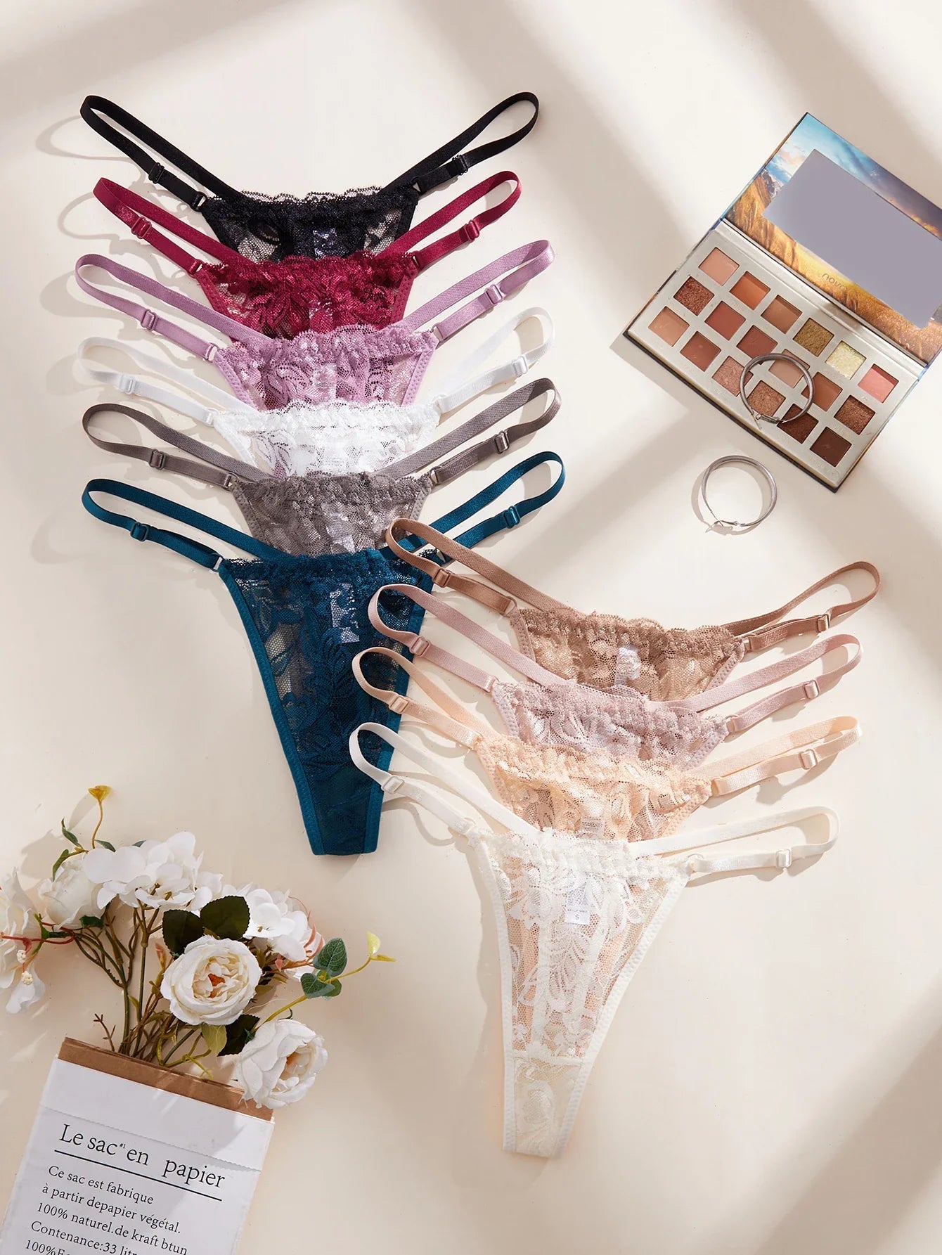 10Pcs/Set Lace Women Panties Low-Waist Sexy Hollow Out G-String Elastic Adjustable Waistband Sexy Lingerie Women's Underwear