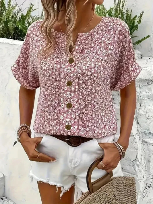 Plus Size Women's Shirts 2025 Spring Summer New Fashion Casual Floral Printing V-Neck Short Sleeve Blouses Korean Style Clothing