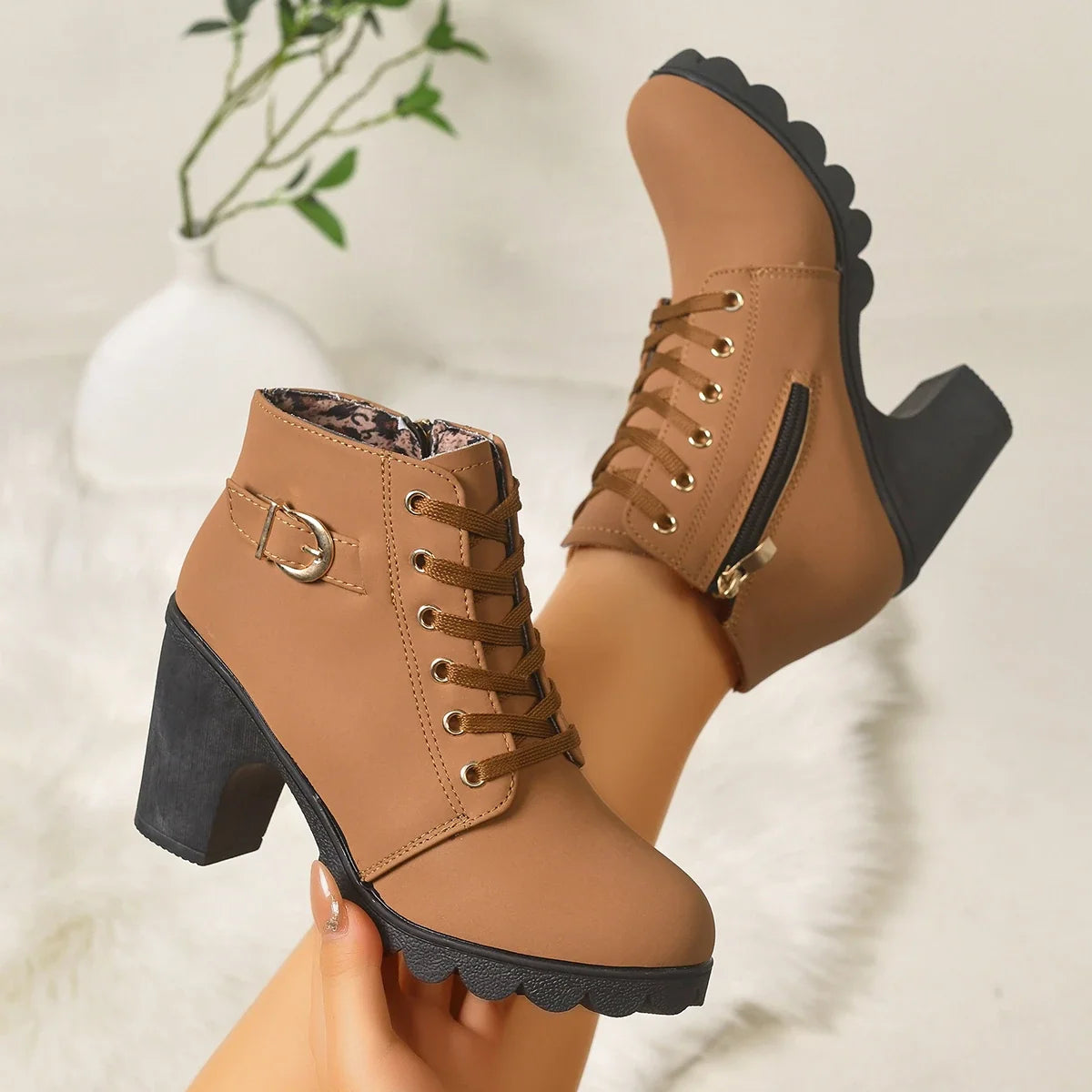Women Lace‑Up Ankle Boots With Metal Buckle Side Zipper Chunky Block Heels