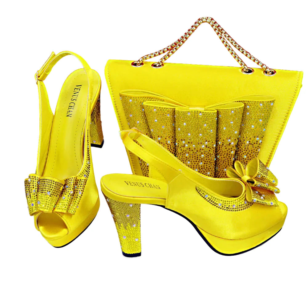 Hot Peep Toe Square Heel Ladies Shoes Matching Bag Set