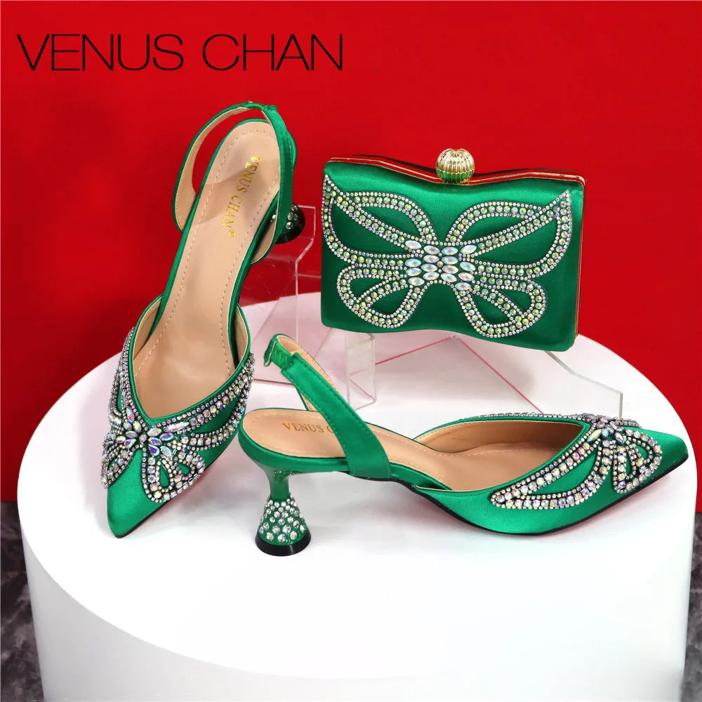 Design Diamond-Encrusted Bag And Pointed High-Heeled Shoes