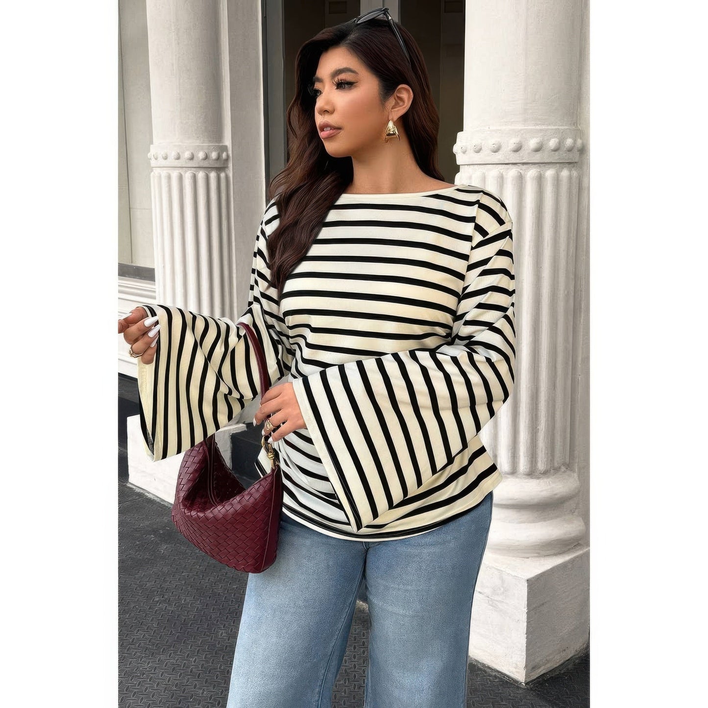 Plus Size Wide Long Sleeves Strip Fit Shirt