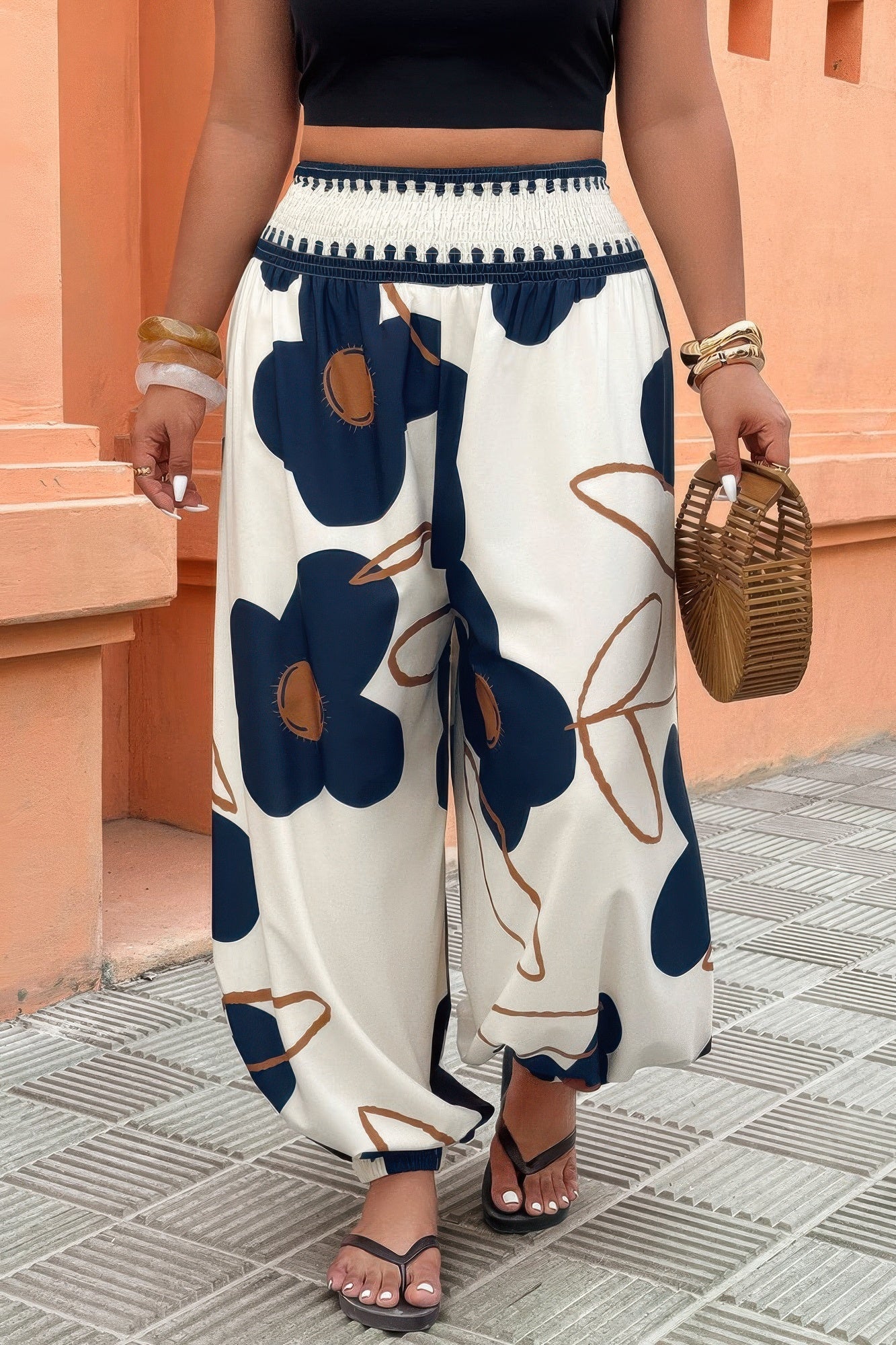 Plus Size Floral Print Elastic Waist Pants