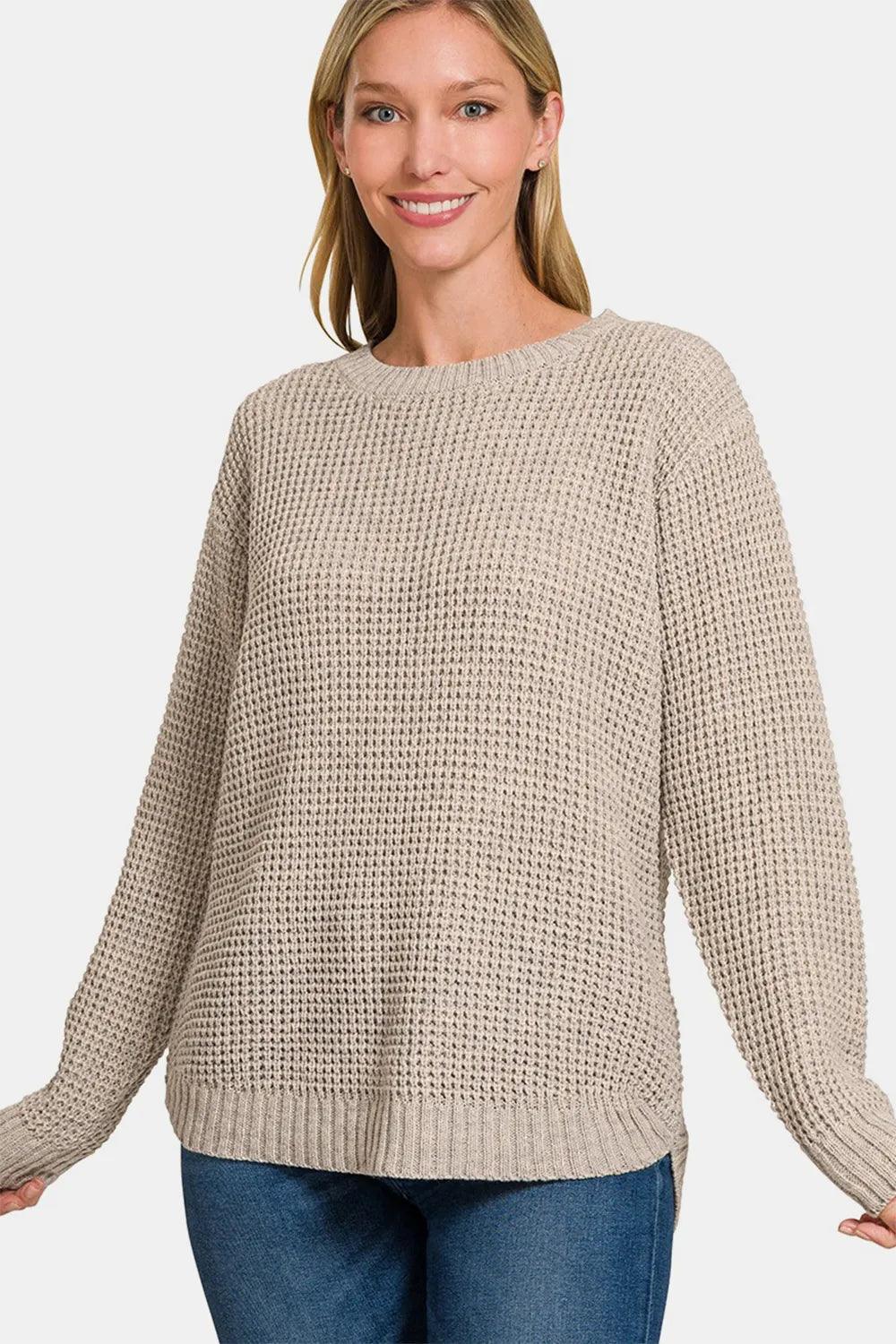 Zenana High Low Long Sleeve Waffle Sweater for Cozy Chic Style