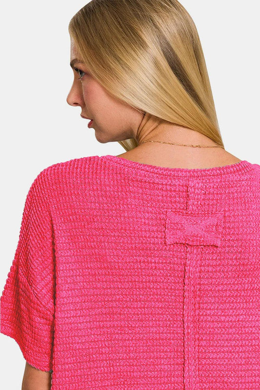 Zenana High Low Long Sleeve Waffle Sweater