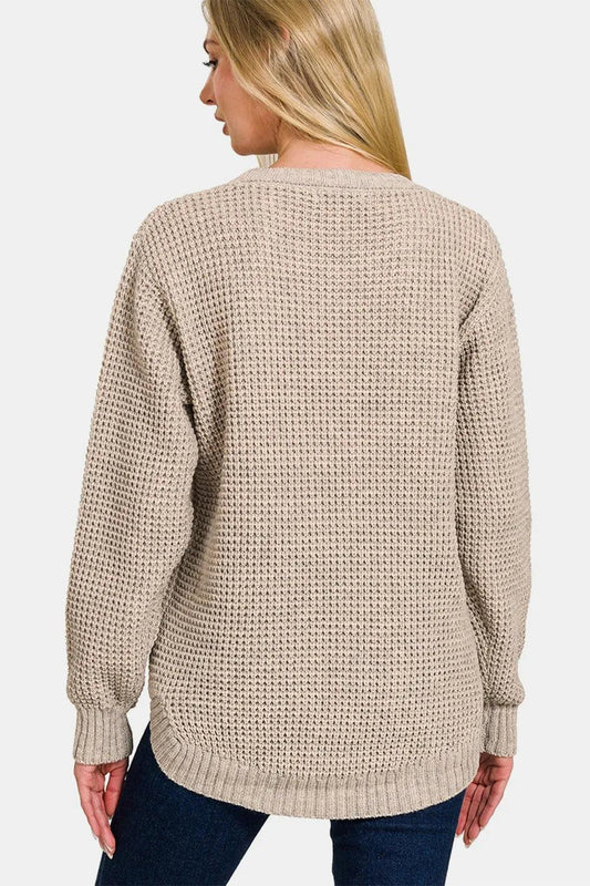 Zenana High Low Long Sleeve Waffle Sweater for Cozy Chic Style
