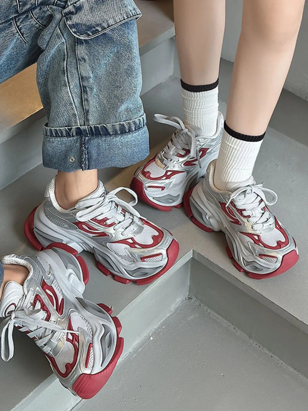 Breathable Chunky Platform Sneakers Scarlet