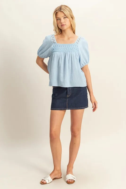 HYFVE Crochet Detail Puff Sleeve Peasant Top