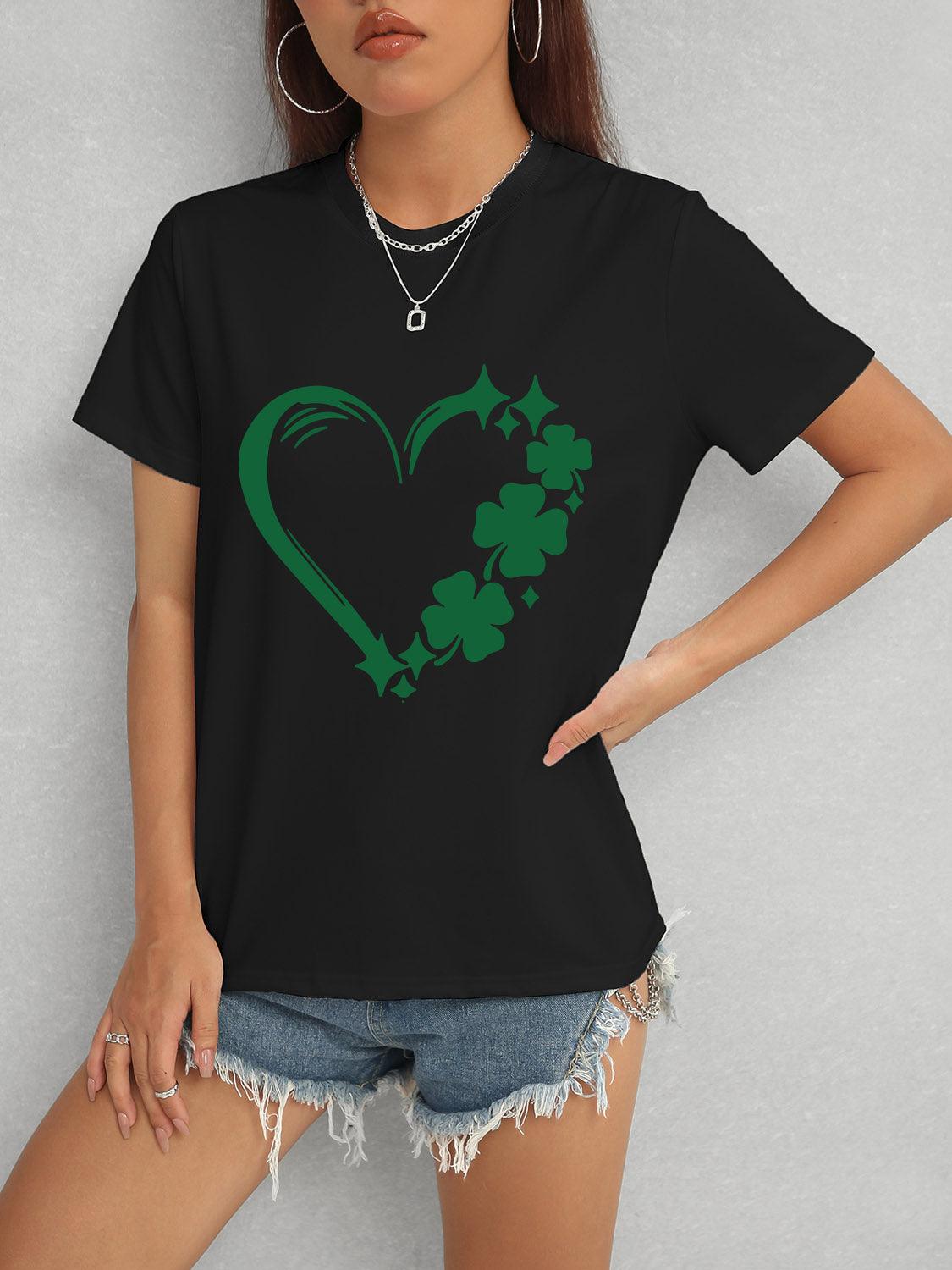 Heart Lucky Clover Round Neck Short Sleeve T-Shirt Black