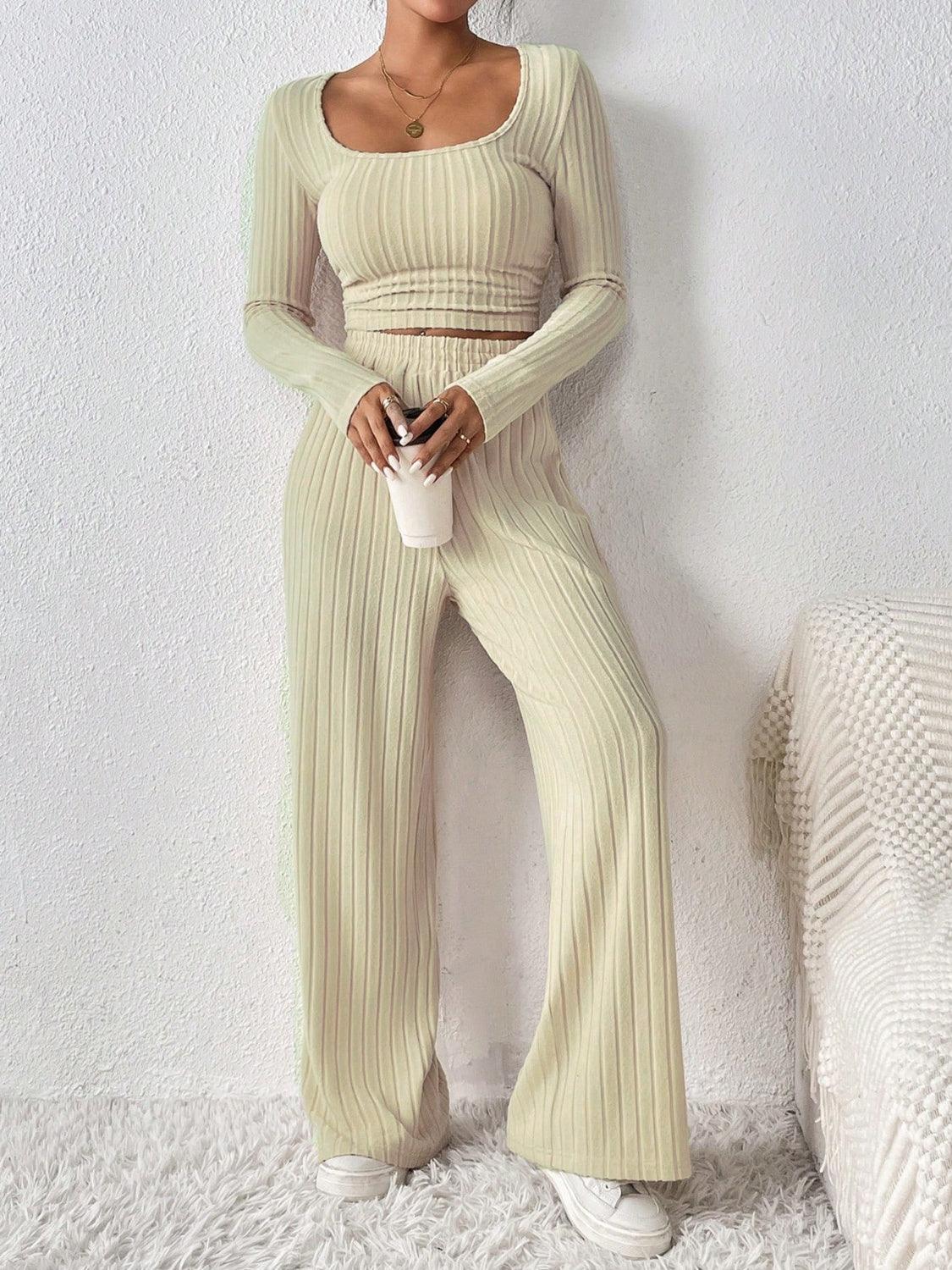 Honey Scoop Neck Long Sleeve Top and Pants Set Khaki