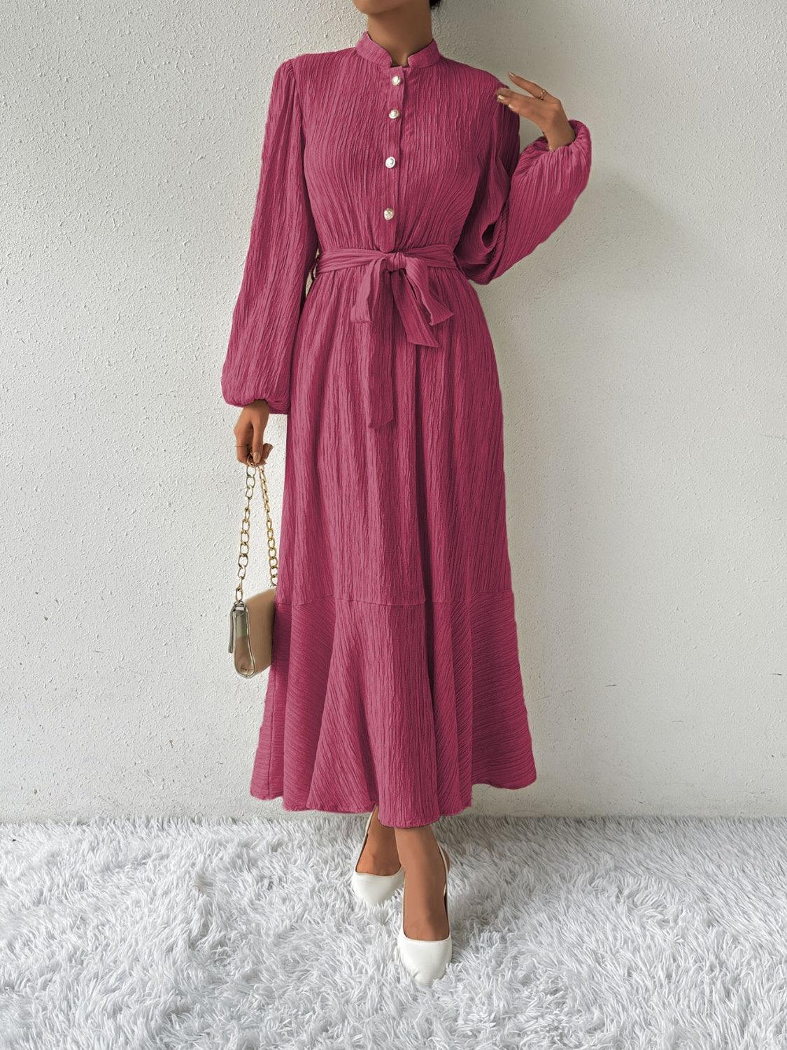Honey Tie Waist Long Sleeve Dress Deep Rose