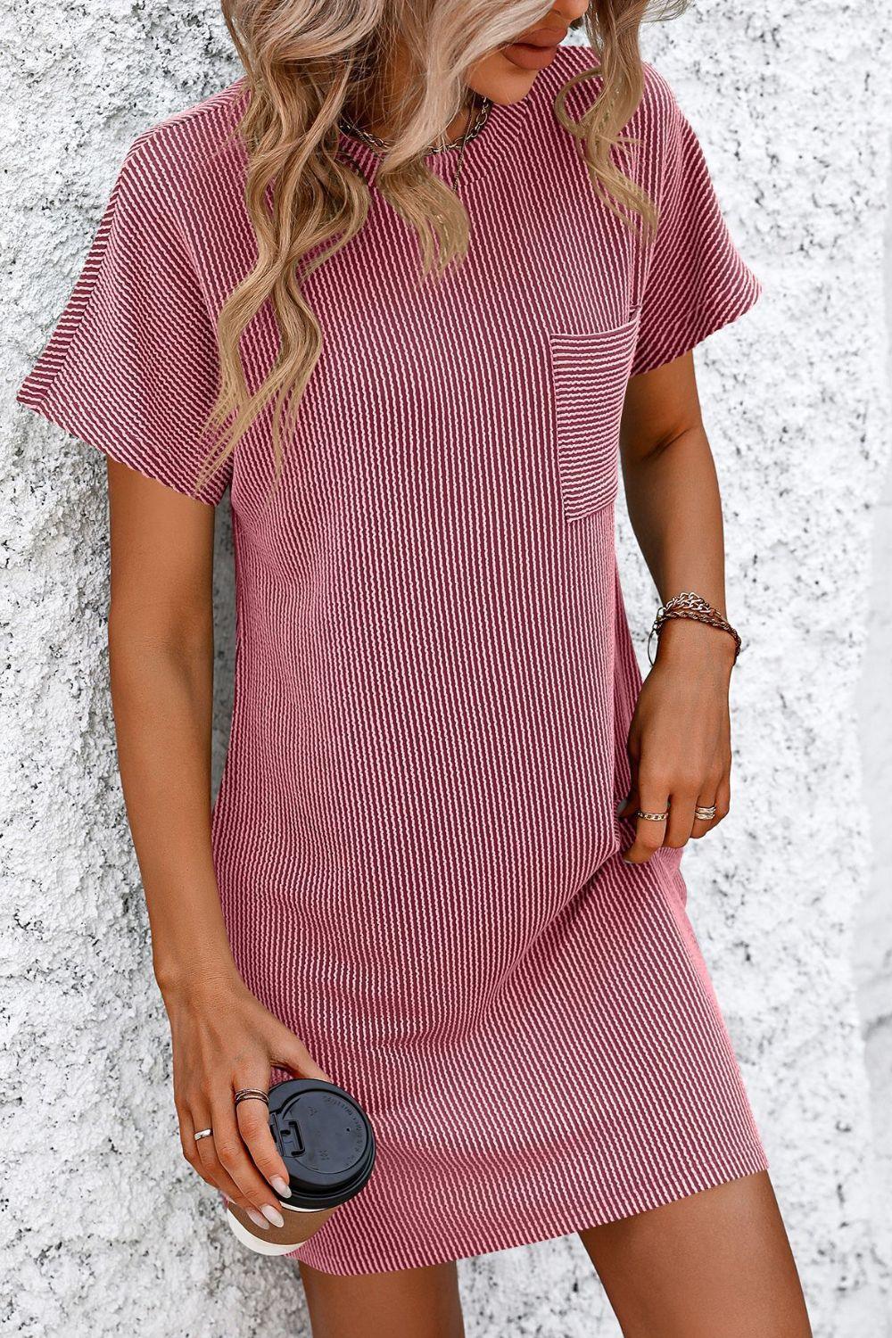 Mandy Ribbed Striped Short Sleeve Mini Tee Dress Deep Rose