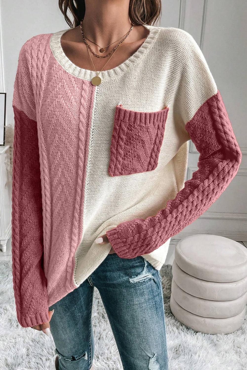Color Block Round Neck Long Sleeve Sweater Dusty Pink