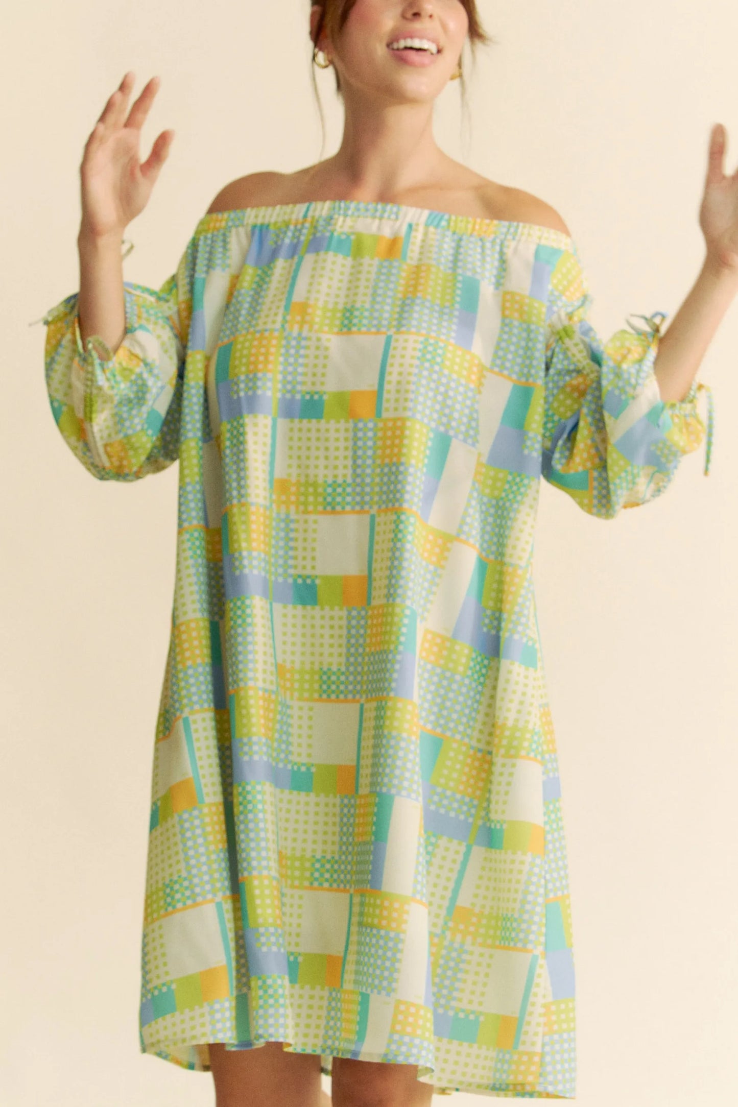 Davi & Dani Printed Off Shoulder Drawstring Sleeve Mini Dress