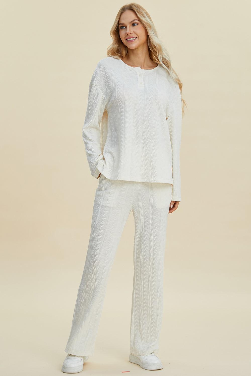 Double Take Full Size Cable-Knit Long Sleeve Top and Pants Set White