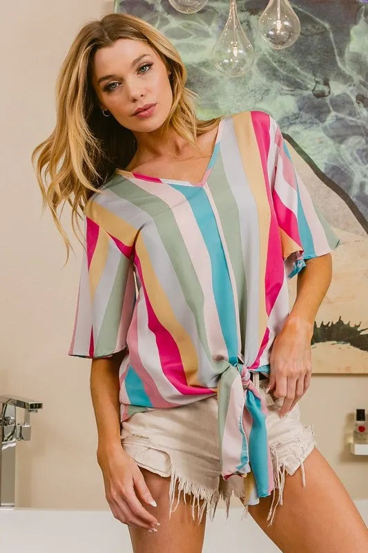 BiBi Multi Stripe Woven V Neck Top with Long Front Tie