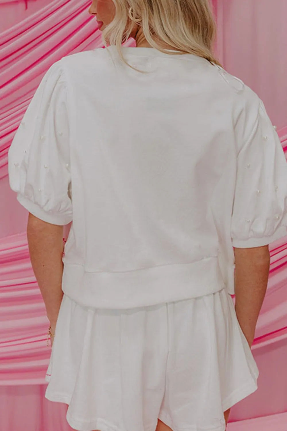 Contrast Bow Trim Pearl Puff Sleeve Blouse and Skort 2pcs Set