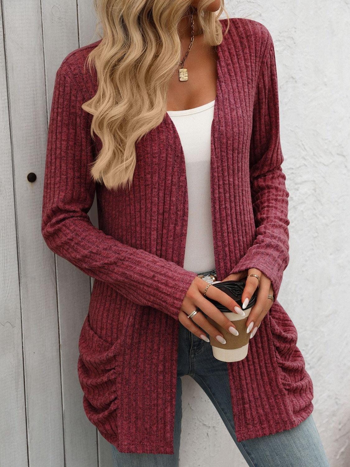 Mandy Open Front Long Sleeve Ribbed Cardigan Burgundy
