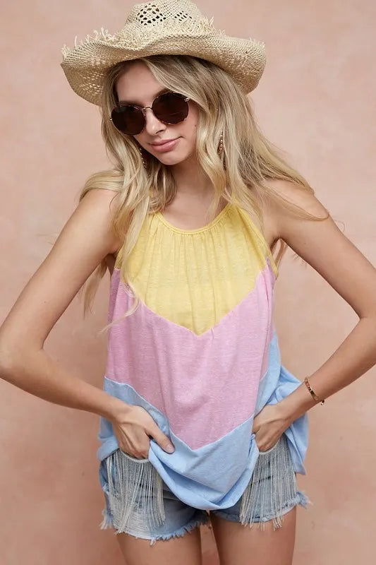 BiBi Triblend Knit Color Block Halter Neck Top