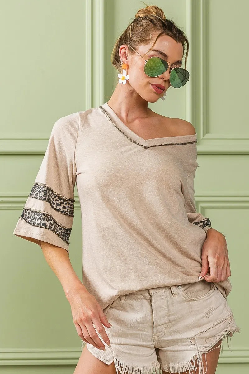 BiBi Triblend Knit Top with Leopard Band Detail