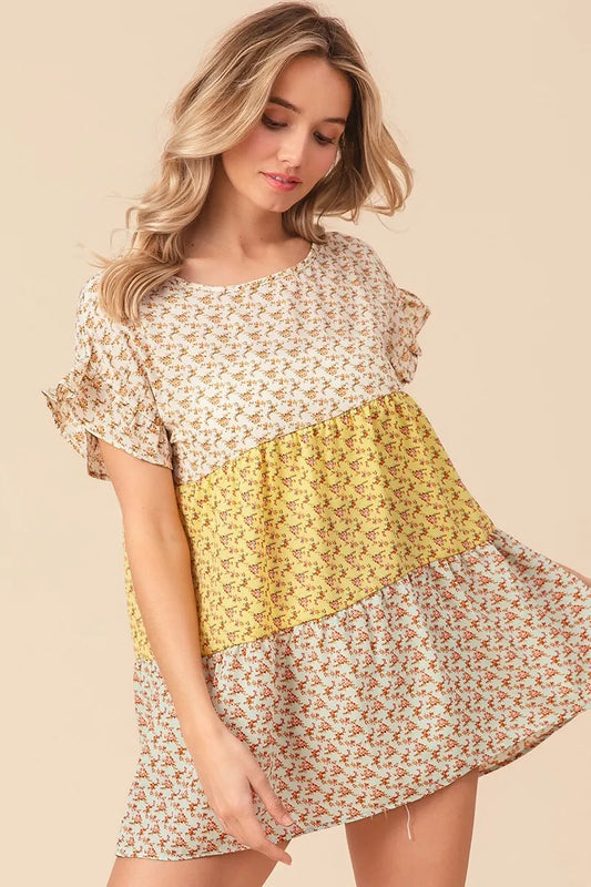 BiBi Flroal Printed Woven Color Block and Tiered Top LT YELLOW LT SAGE