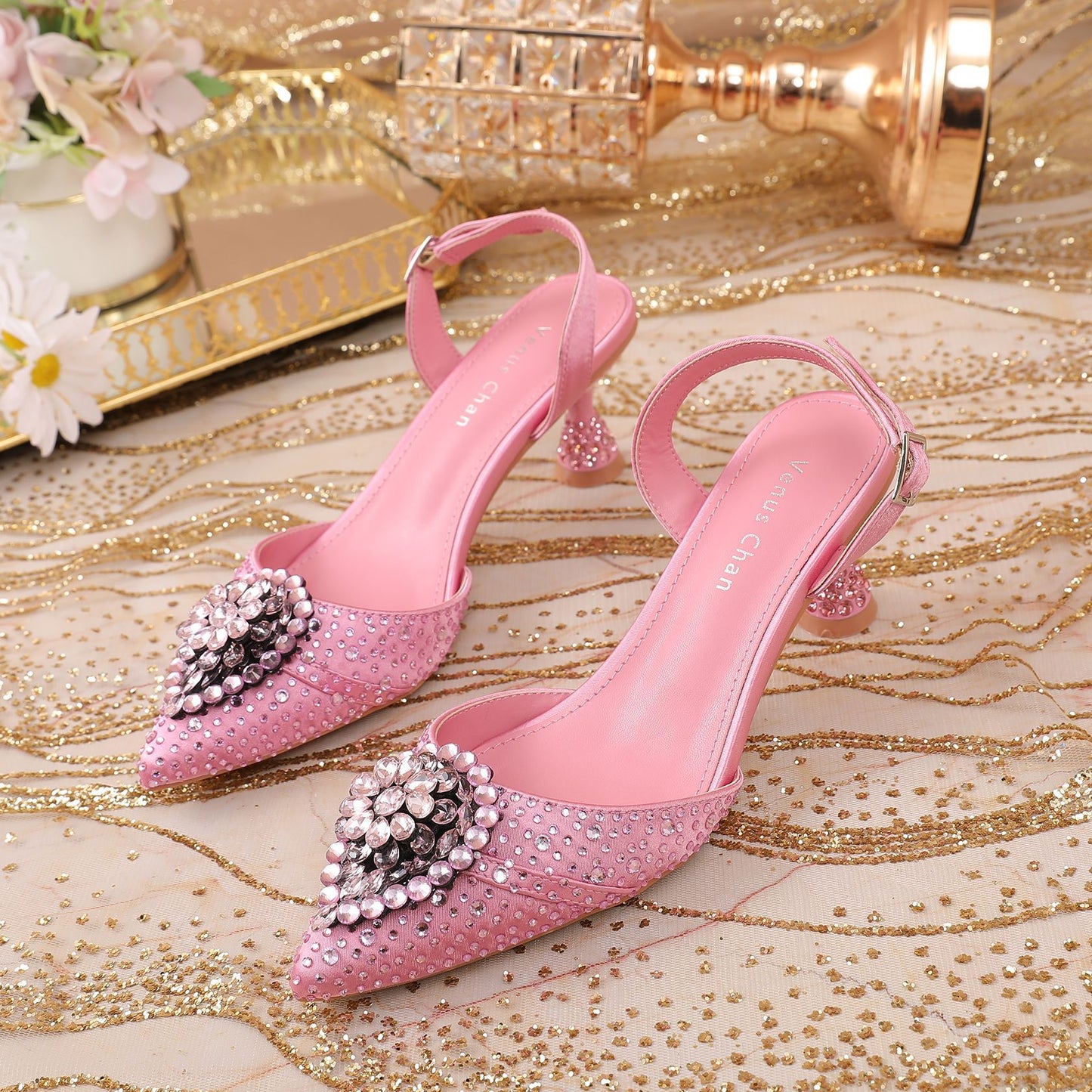 Rhinestone Point Toe Flare Heel Slingback Pumps Pink
