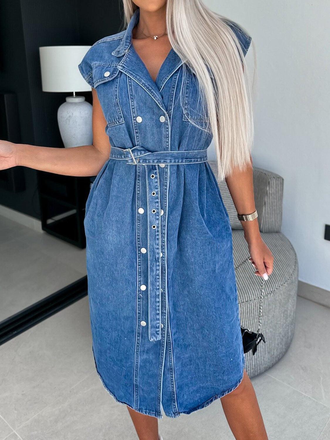 Collared Neck Cap Sleeve Denim Dress Medium