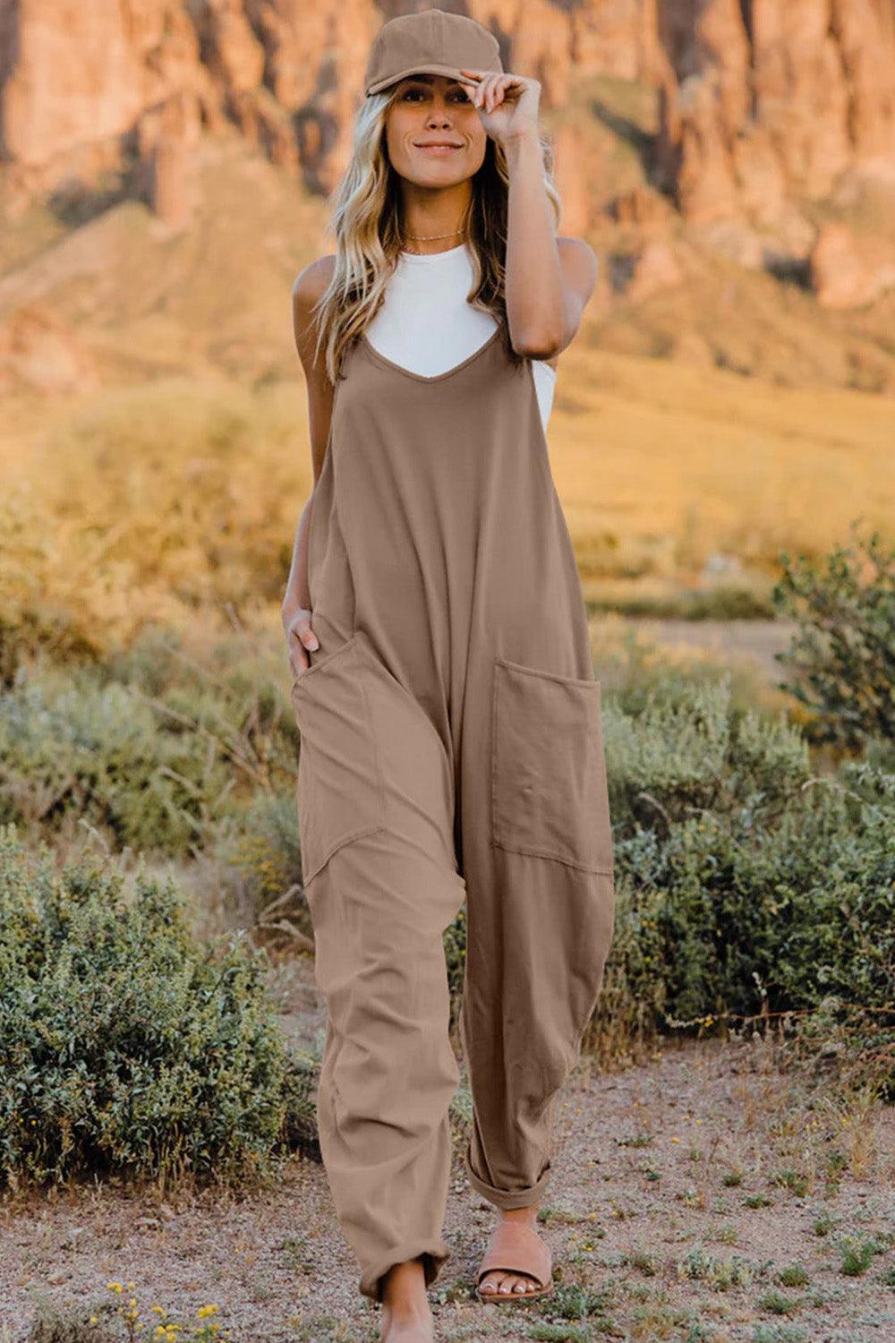 Double Take Full Size V-Neck Sleeveless Jumpsuit with Pockets Khaki