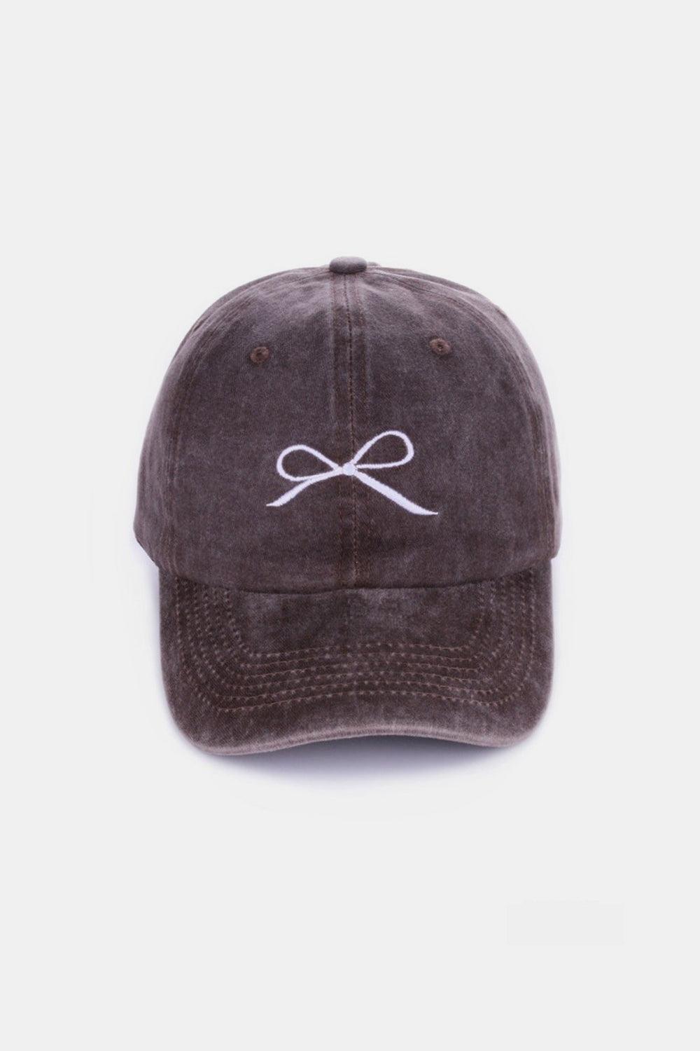 Zenana Bow Embroidered Washed Cotton Caps Brown One Size