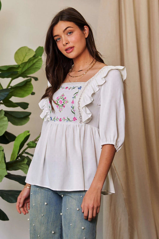 Davi & Dani Texture Tie Back Floral Embroidery Frill Blouse