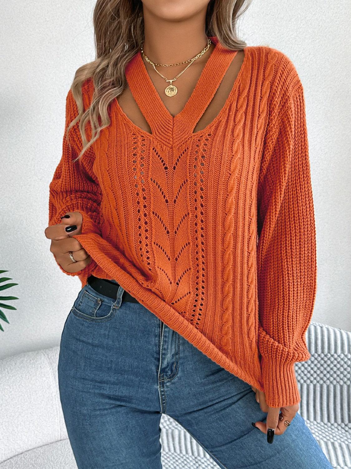 Cutout V-Neck Long Sleeve Sweater Terracotta