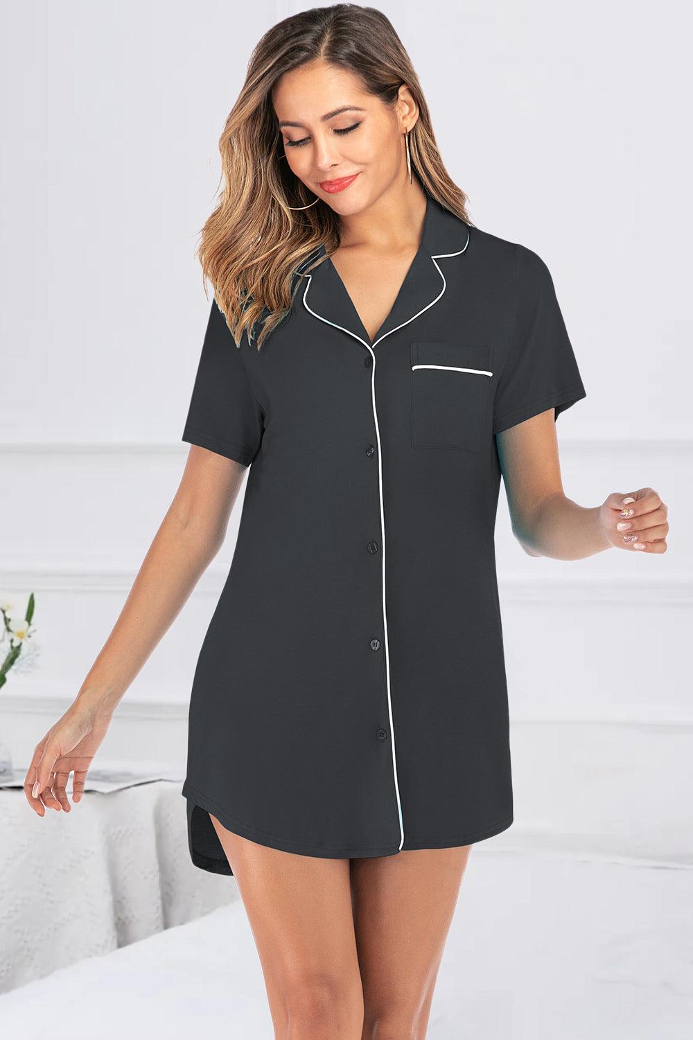 Contrast Piping Pocketed Short Sleeve Lounge Dress Black