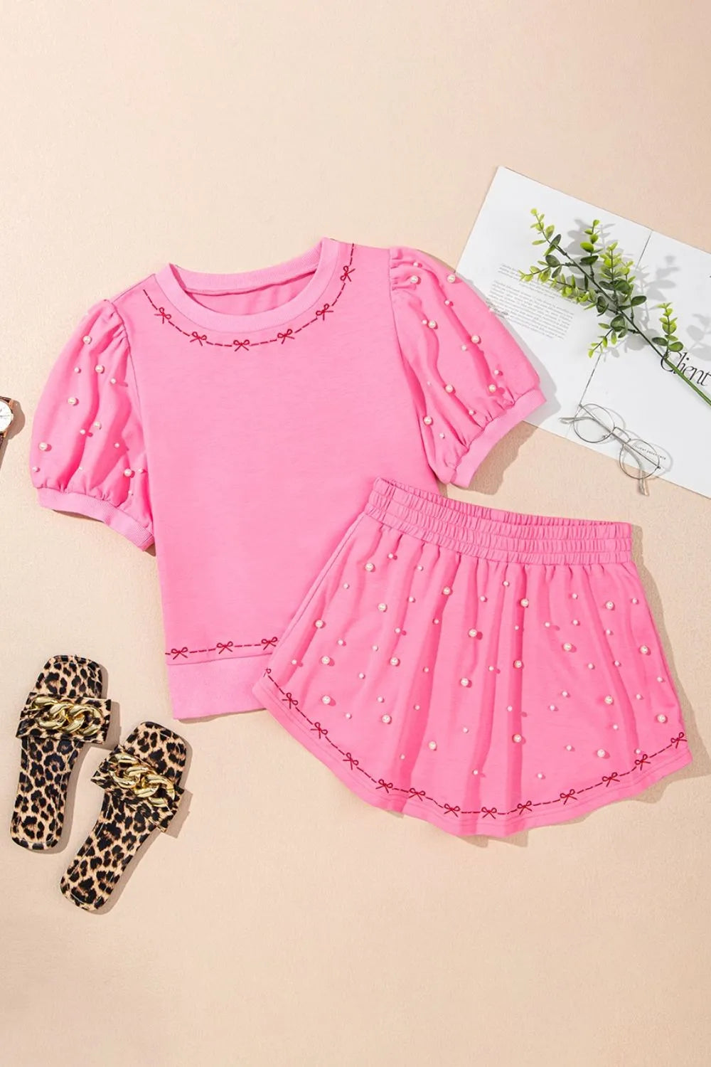 Contrast Bow Trim Pearl Puff Sleeve Blouse and Skort 2pcs Set
