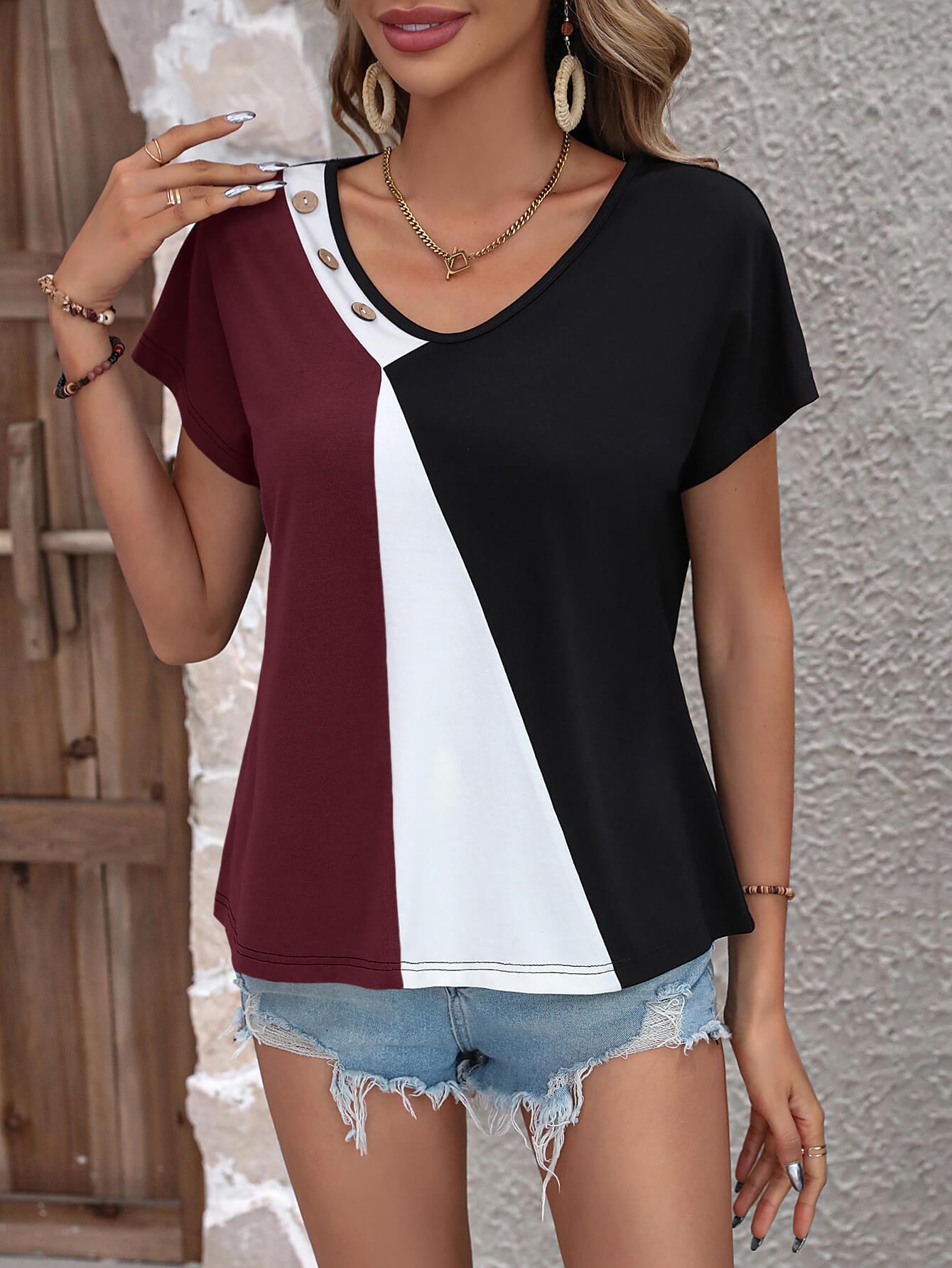 Ivy Lane Color Block Decorative Button V-Neck Tee Wine