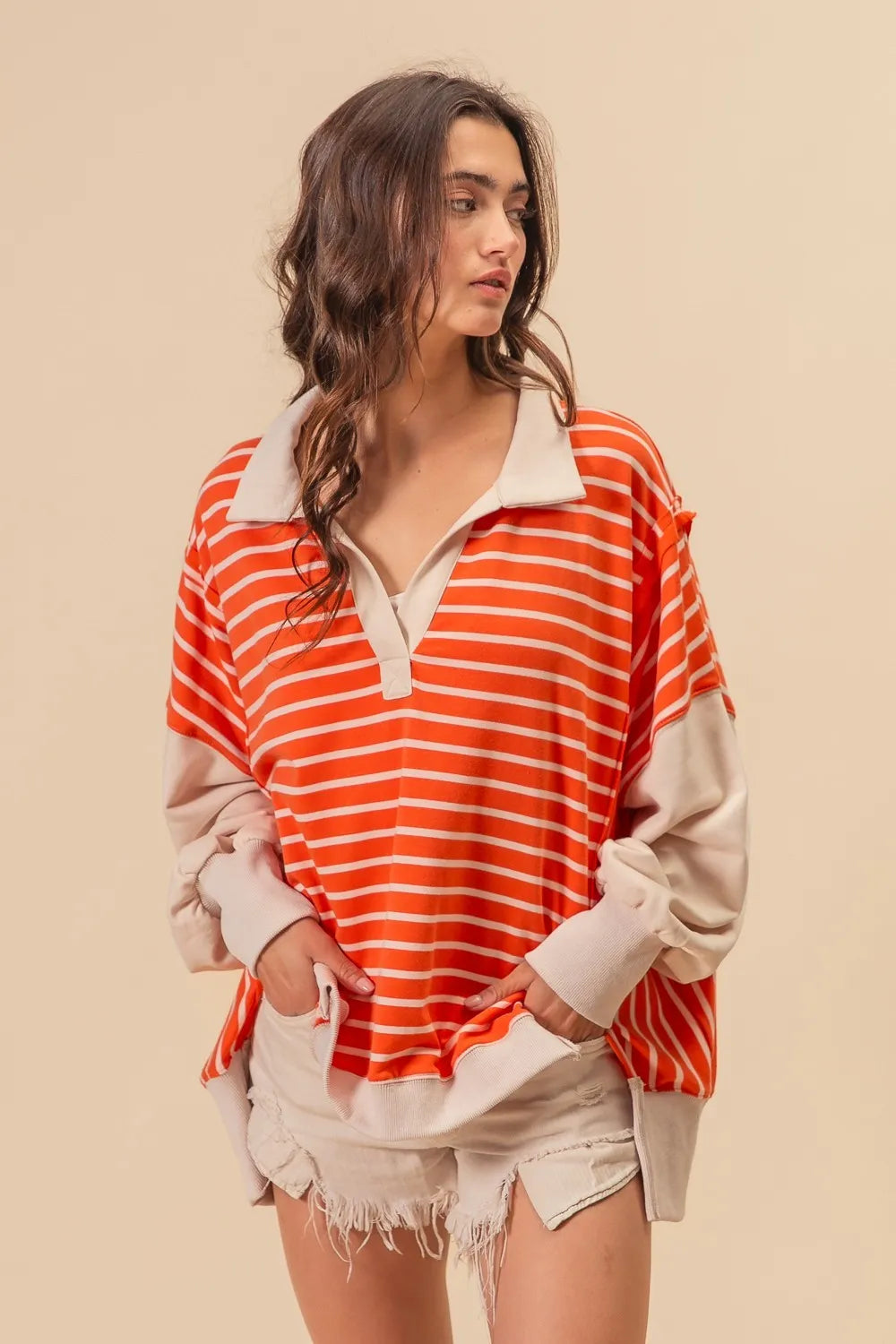 BiBi Stripe Knit Loose Fit Top With Cut Edge Detail