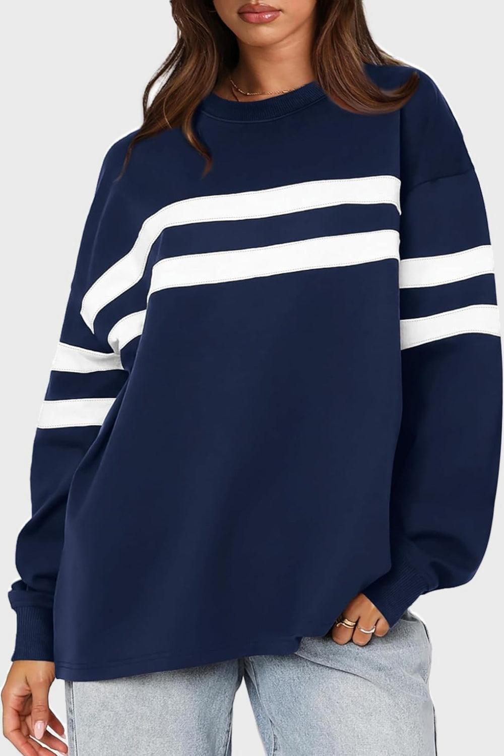 Lovelet Striped Round Neck Dropped Shoulder Sweatshirt Navy
