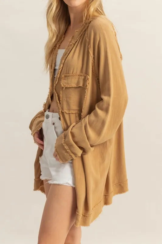 HYFVE Raw Edge Button Down Raglan Sleeve Shirt