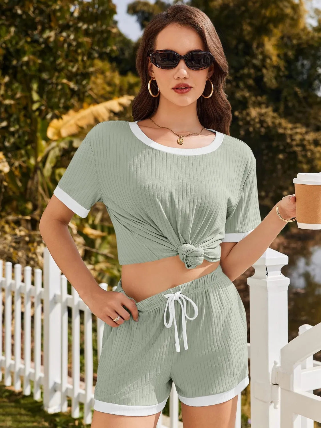 Ribbed Short Sleeve Top and Shorts Set Sage
