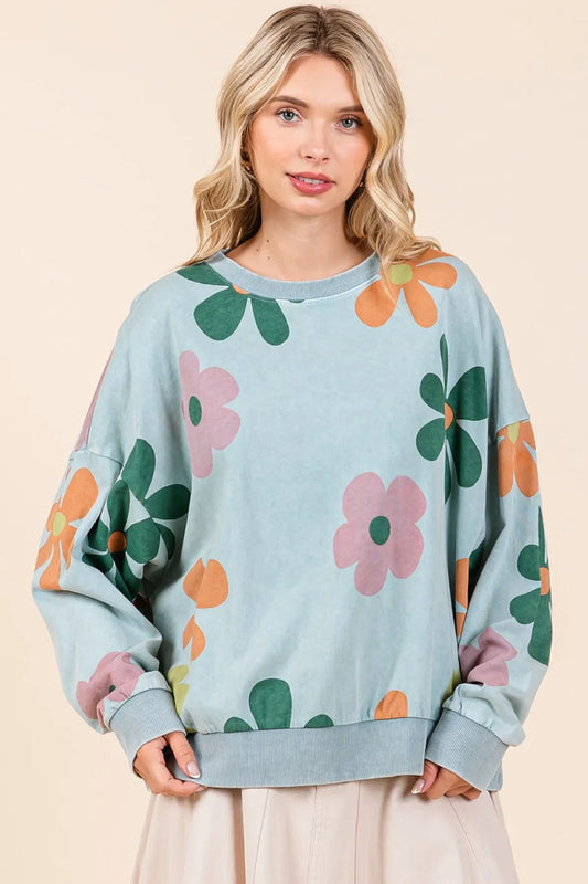 Mittoshop Mineral Wash Flower Print French Terry Sweatshirt BLUE HAZE