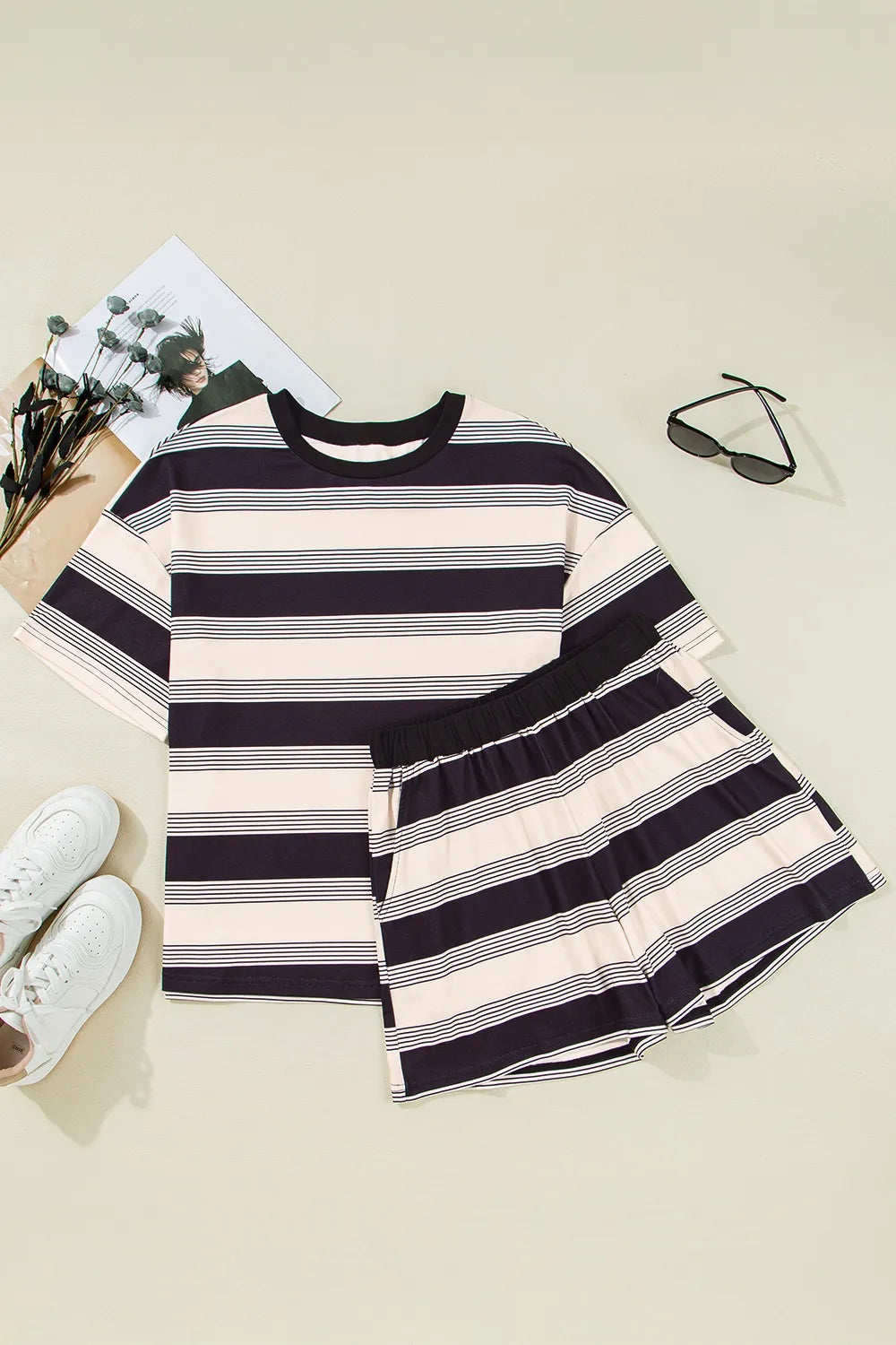 Stripe Half Sleeve T-Shirt and High Waist Pocketed Shorts Set