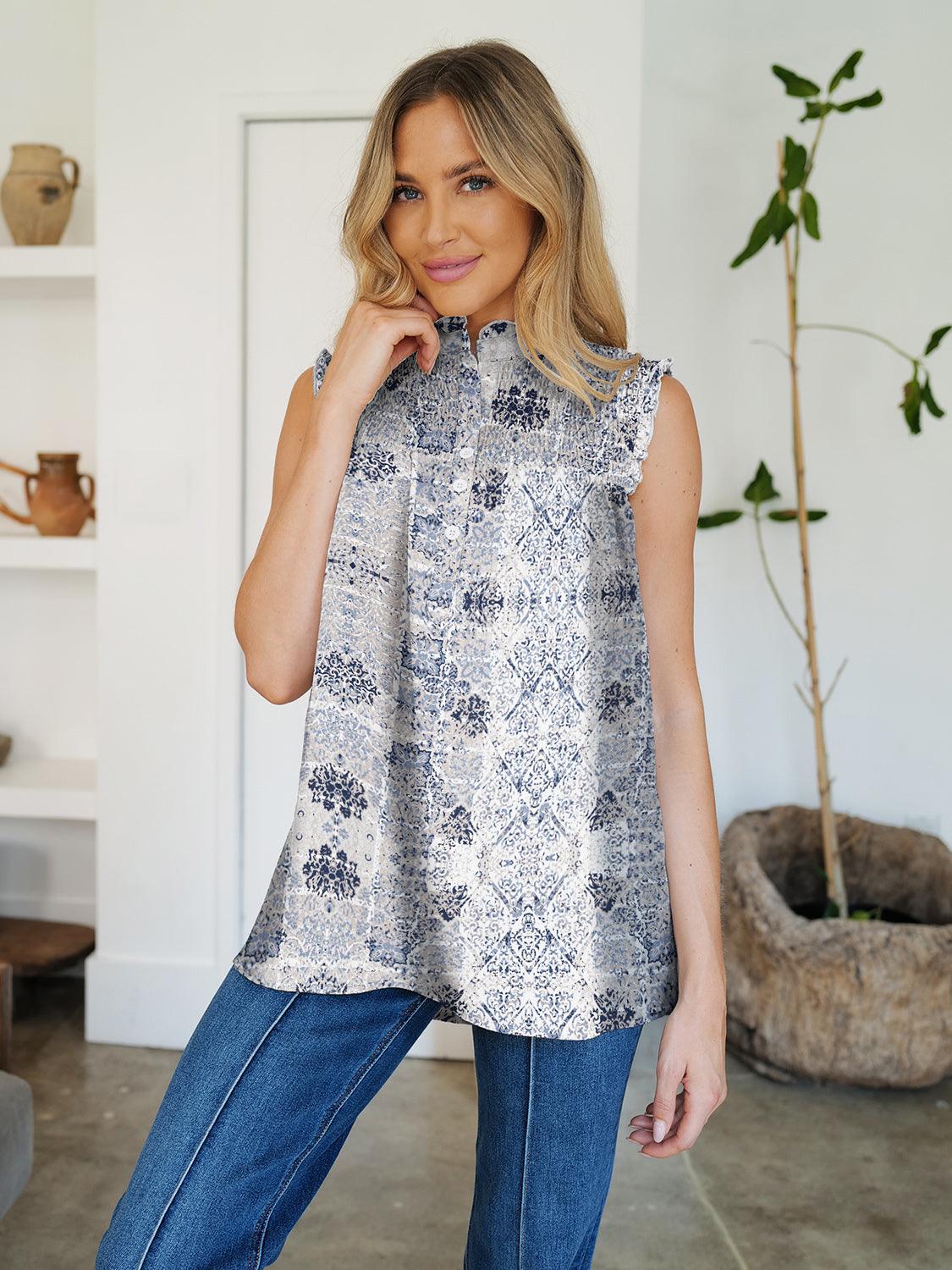 FAM-FAM Frill Printed Mock Neck Top Gray