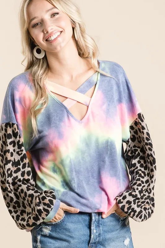 BiBi Tie Dye Terry Top with Leopard Puff Sleeves