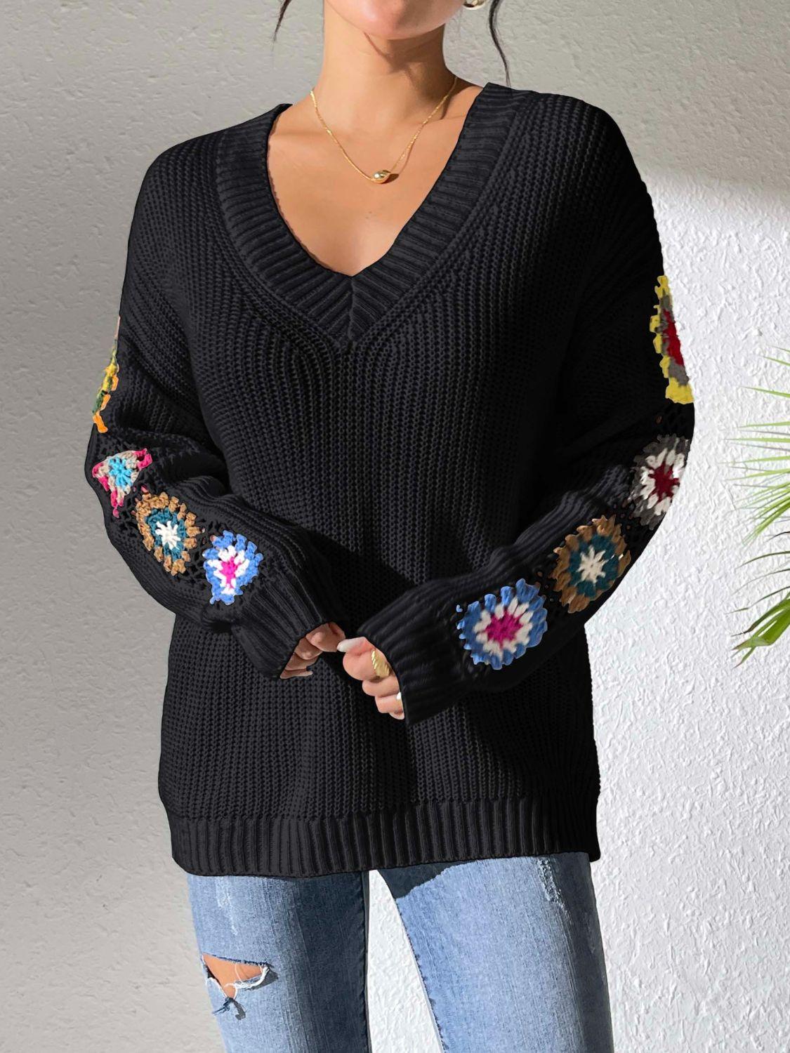 Crochet Flower V-Neck Sweater Black