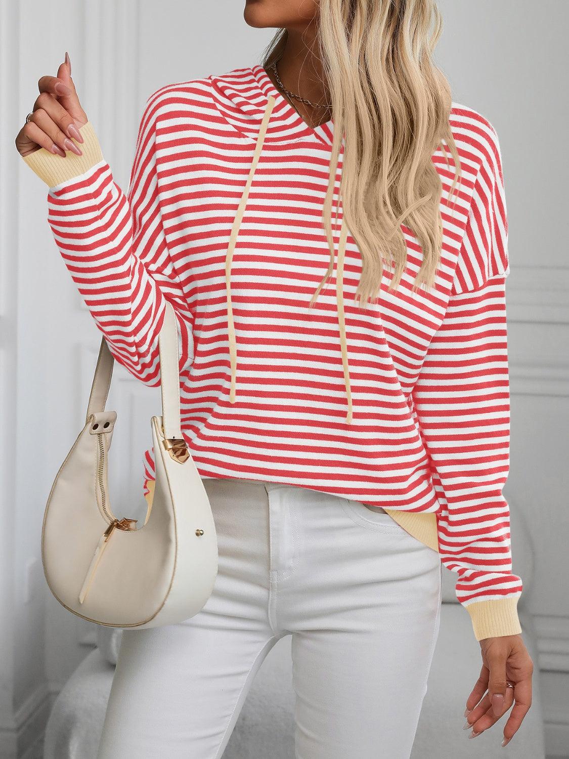 Mandy Striped Long Sleeve Hooded Knit Top Coral