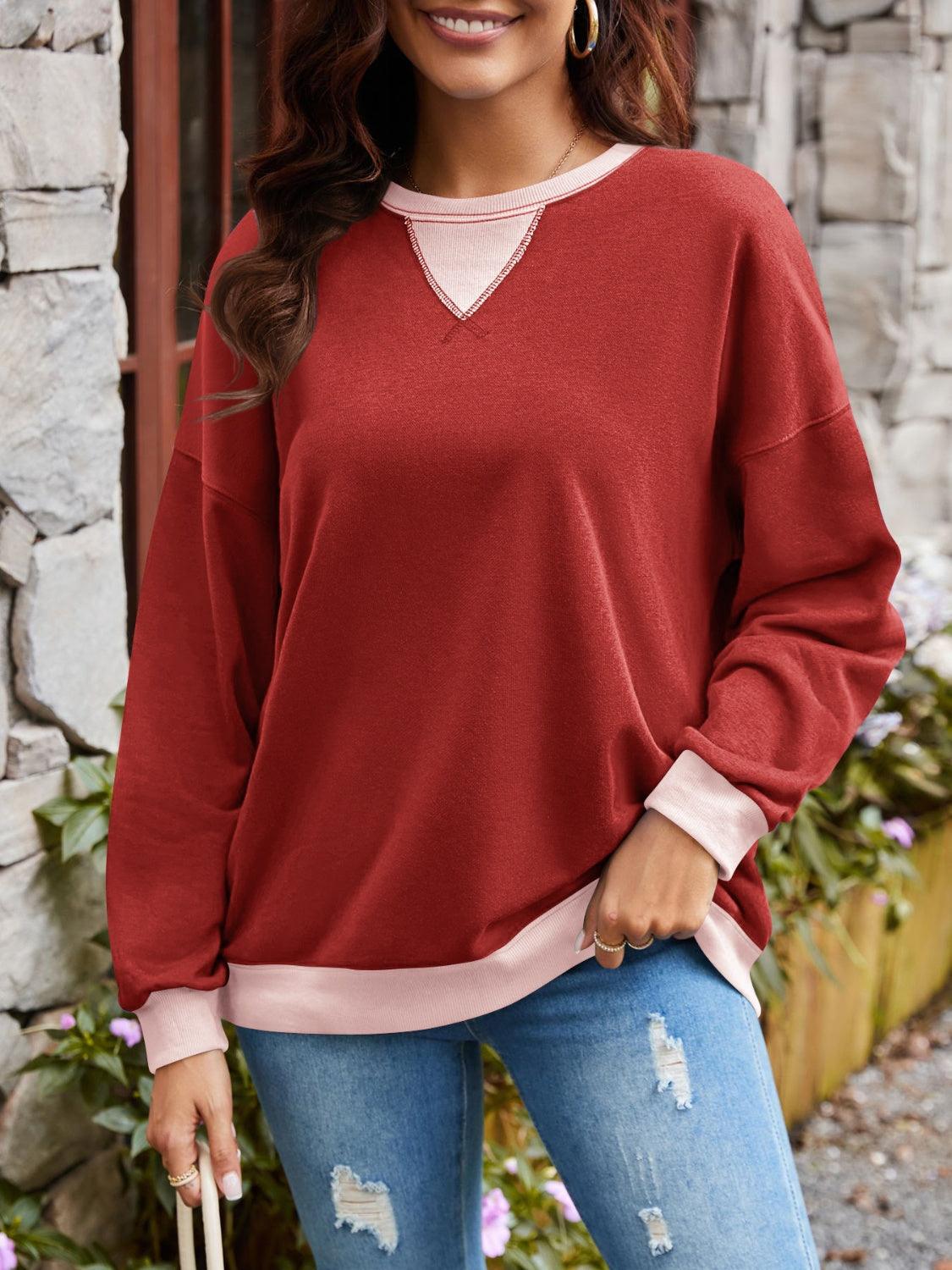 Lovelet Contrast Round Neck Long Sleeve Sweatshirt Burgundy