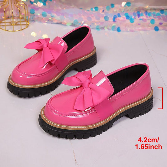 Women's Bow Tie Chunky Heel Pumps - Slip-On Round Toe Loafers