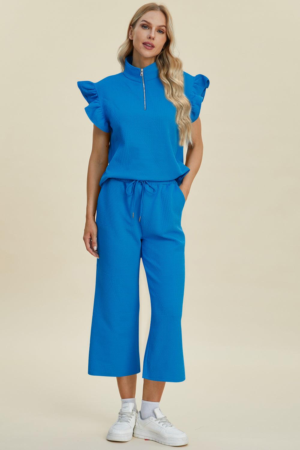 Double Take Full Size Texture Ruffle Short Sleeve Top and Wide Leg Pants Set Sky Blue