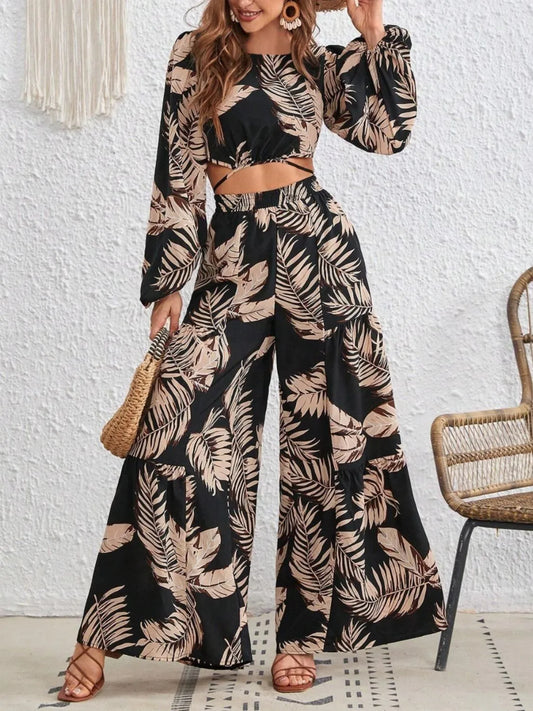 Printed Round Neck Long Sleeve Top and Pants Set