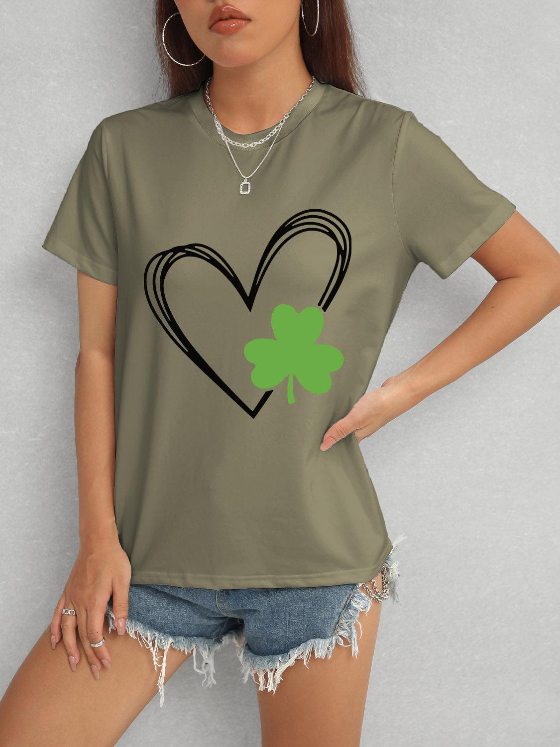 Heart Lucky Clover Short Sleeve T-Shirt Army Green